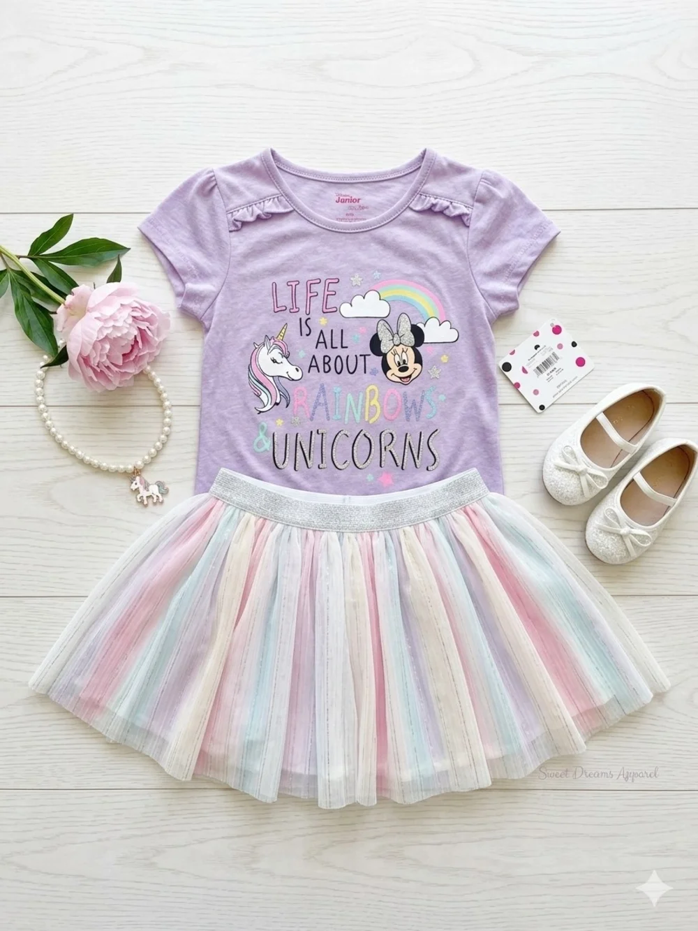 Lilac Unicorn & Rainbow Tee with Pastel Tulle Skirt